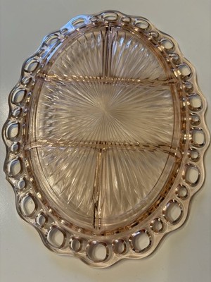 Vtg Anchor Hocking Divided Tray Old Colony Pink Depression Glass Open Lace READ