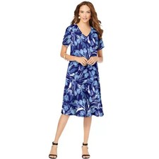 Roaman's Women's Plus Size Blue Ultrasmooth Plus Size V-Neck Swing Dress 14/16