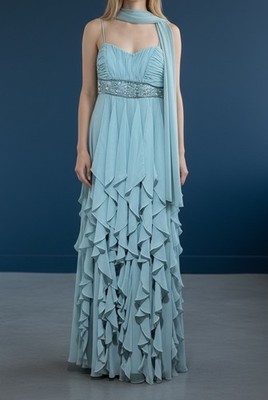 Blue Chiffon Vintage Decode 1.8 Beaded Cascade Ruffle Evening Gown Size 4