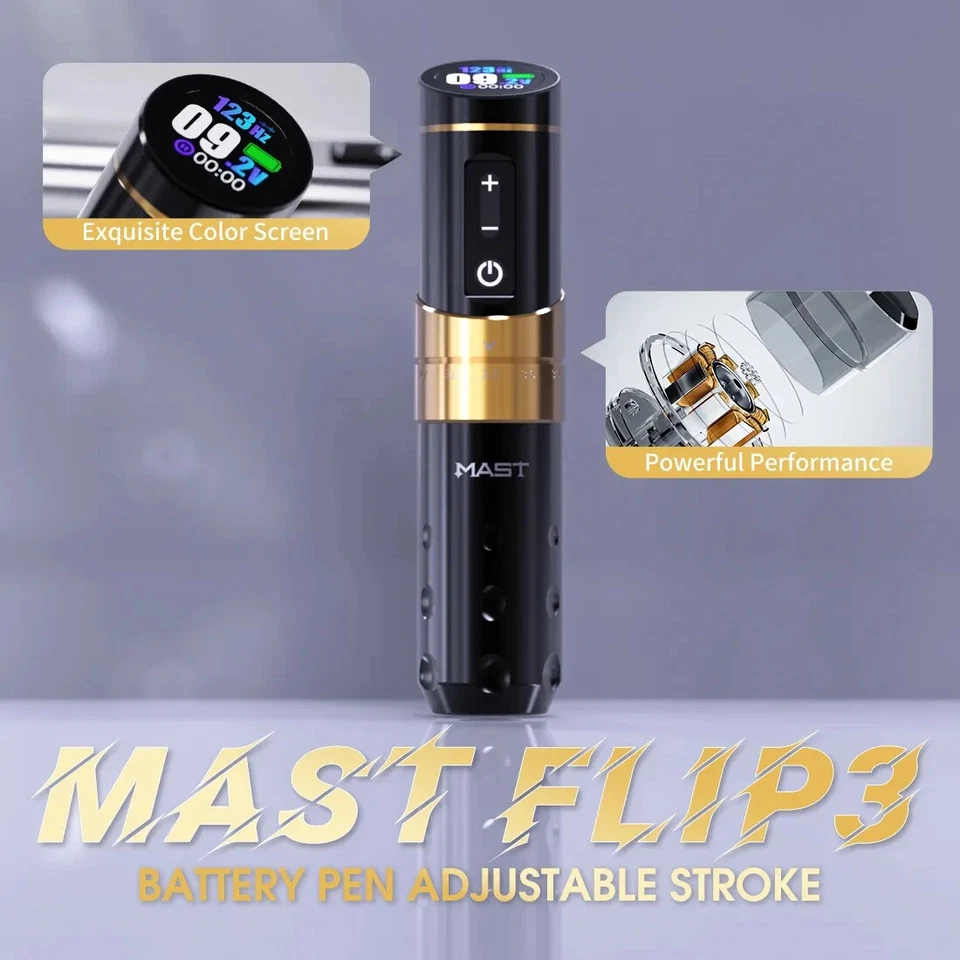 Mast Flip 3 Wireless Tattoo Gun 7 Adjustable Strokes Rotary Pen WQP-257 Blk/Gold - Image 2 of 4