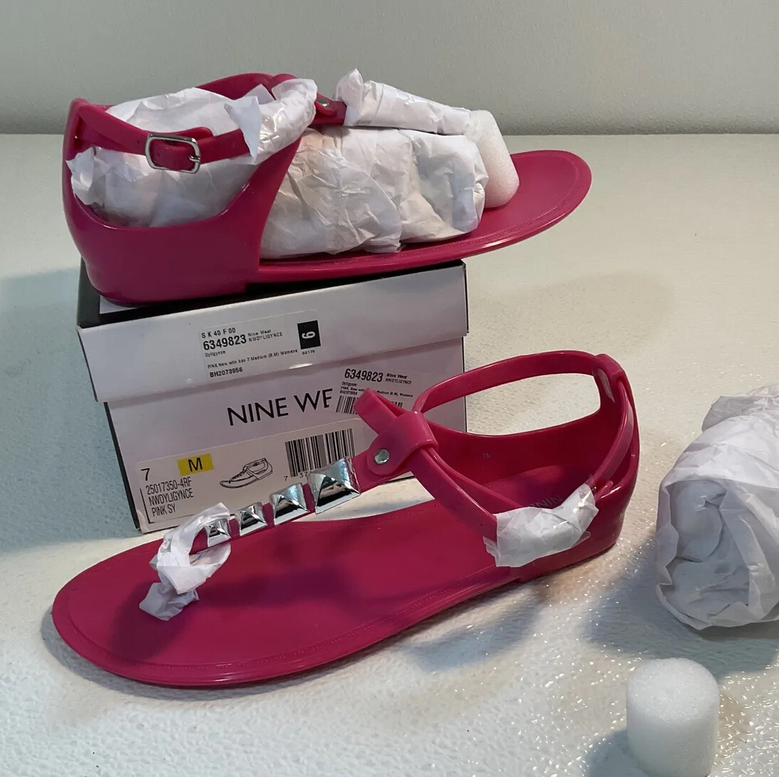 NEW NINE WEST Pink Silver Thongs Ankle Buckle Strap Sandals Size