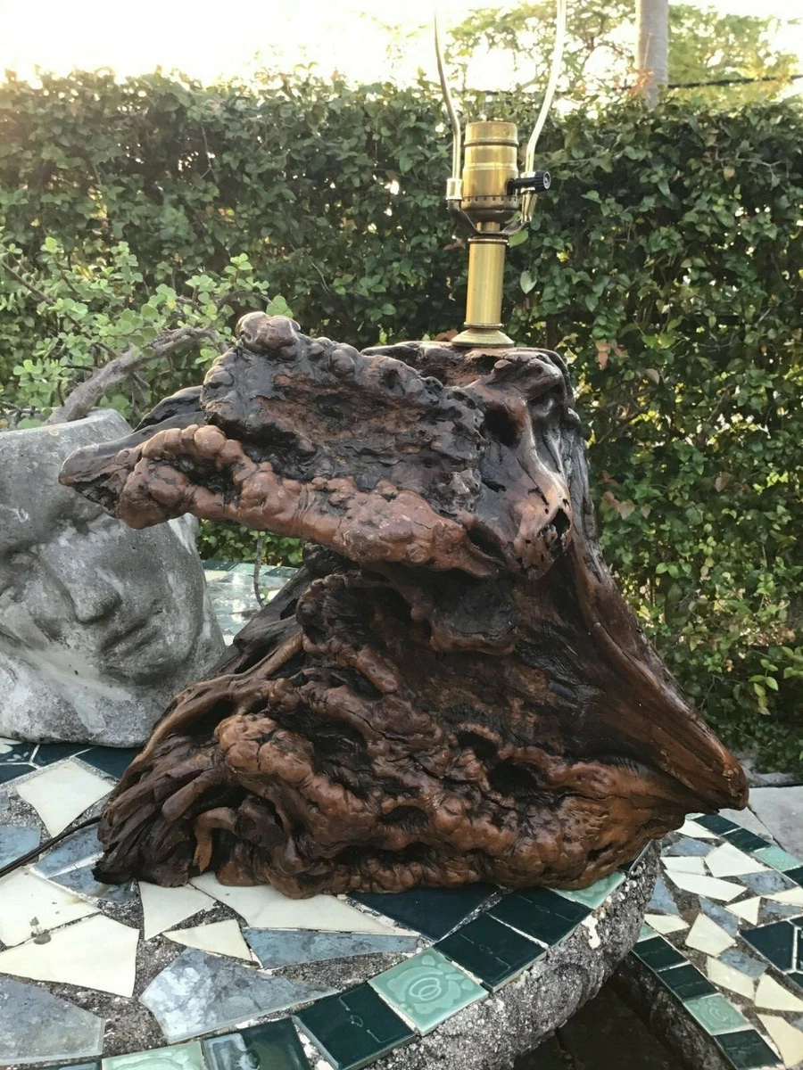 LARGE VINTAGE BURL WOOD TABLE LAMP MID CENTURY MODERN