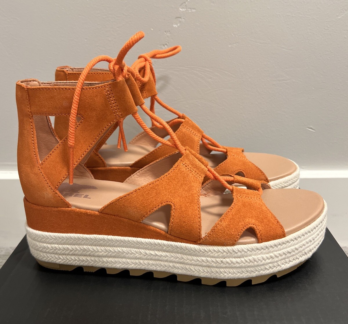 NIB SOREL Orange Suede Wedge “Cameron Platform Lace Sandals” Size