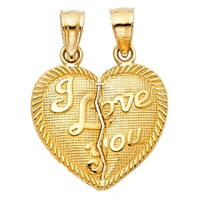 14K Yellow Gold Small "I Love You" Couple Broken Heart Charm Pendant For Chain
