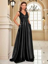 Sequins Evening Dress Women V-neck Satin Prom Dress Floor Length Formal Gowns