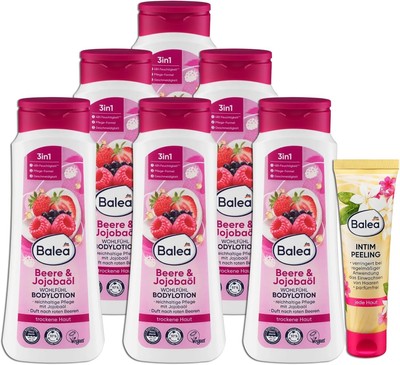 7er Set Balea: 6 x Bodylotion Beere & Jojobaöl, 400 ml 1 x Intim Peeling, 100 ml
