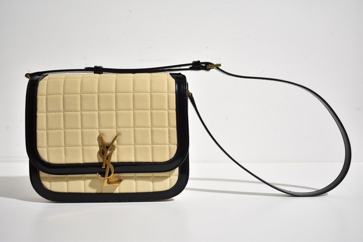 Saint Laurent Solferino Medium YSL Logo Beige Suede Quilted Saint Laurent Solferino Medium YSL Logo Beige Suede Quilted