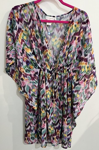 $75 Bleu By Rod Beattie Size L Abstract Chiffon Caftan Dress Swimsuit Cover-up - Picture 11 of 11