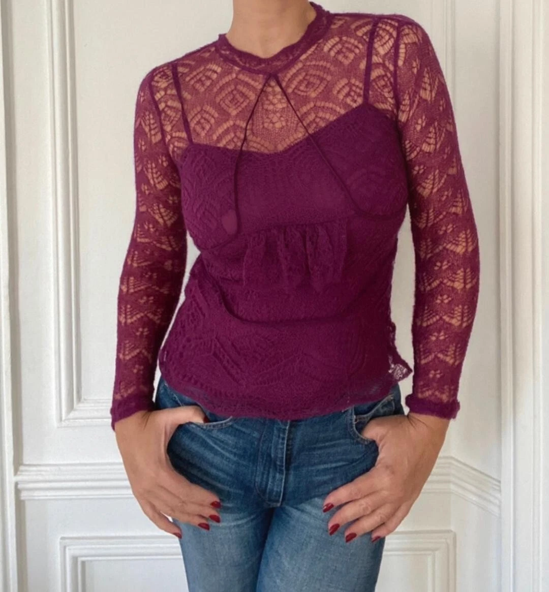 LOUIS VUITTON（LV） Maglione pullover Louis Vuitton all'uncinetto in pizzo viola taglia 38 M