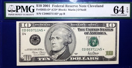 2001 $10 Federal Reserve Note Fr-2035-D* Cleveland PMG64 Choice EPQ