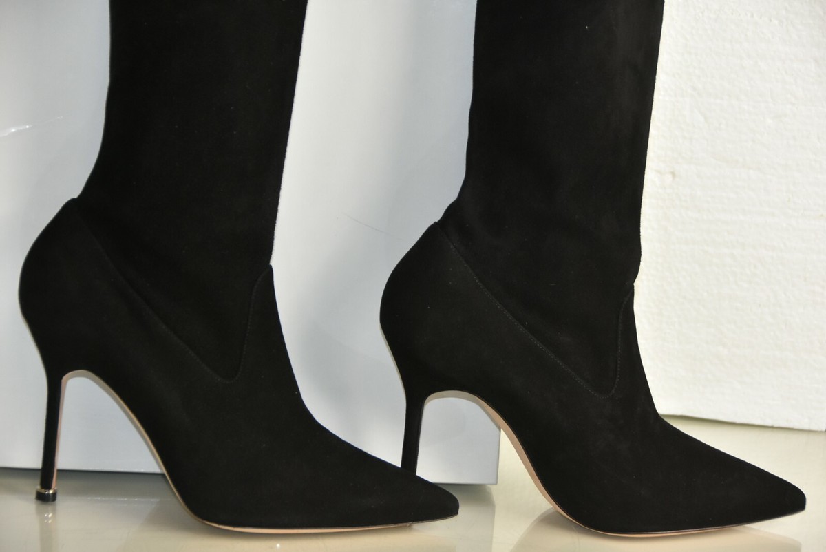 Bottes Manolo Blahnik Découpées Laser Sur Le Genou | Occasion, Cuir Suédé Noir, Style Bootie