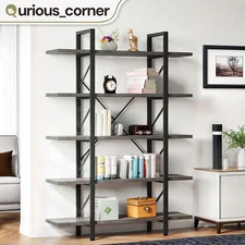 5 Tier Industrial Bookshelf Bookcase Storage Display Wooden Rack Home Office
