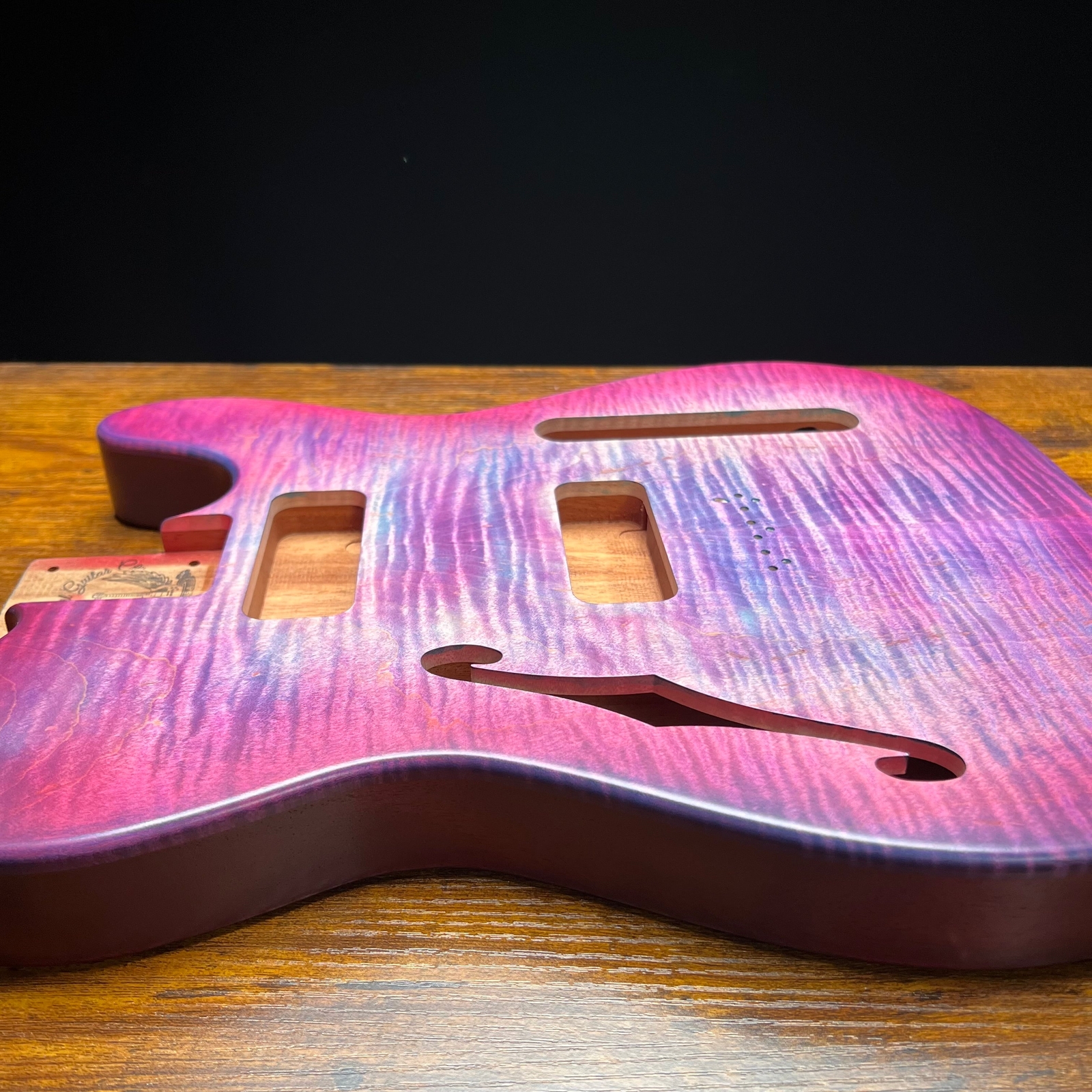 Holy Grail Guitars Tele Style Guitar Body “Purple Flames”Flamed Maple p90