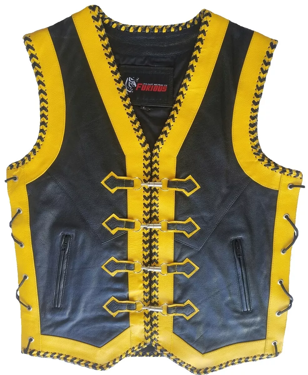 Motorcycle Leather Vest Designer Braided Rider Leather Black & Yellow Biker  Vest | eBay