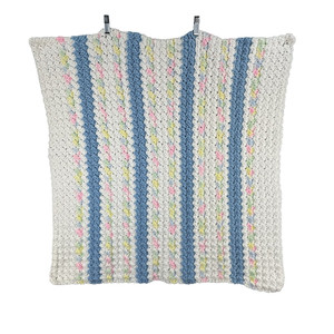 Handknit Baby Blanket Afgan 30” x 29” White Blue Pink Yellow Soft