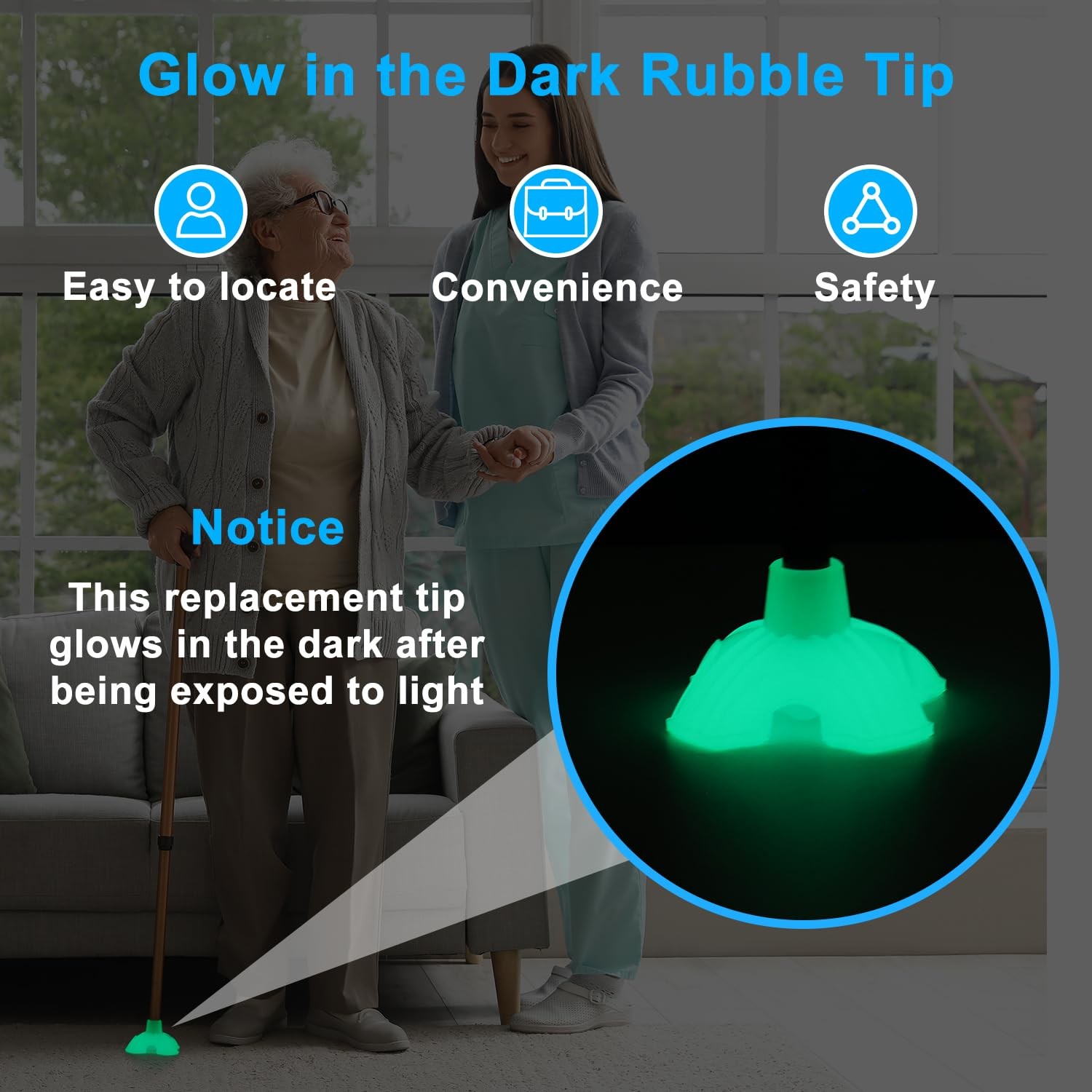 3/4-inch Glow-in-the-Dark Cane Tip Self-Standing Quad Base for Walking