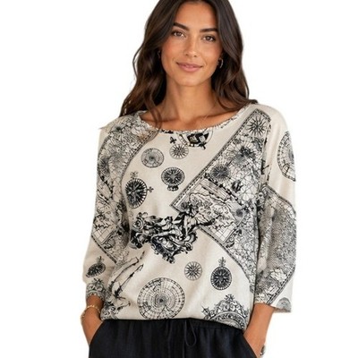 Talbots Compass Map Tee Womens Large White Navy Nautical Cotton Casual Knit Top