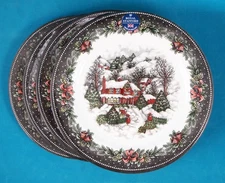 Royal Stafford Winter Christmas Snowy Cottage House 11" Dinner Plate Set of 4