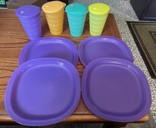 new Tupperware set 4 ea 8" Impressions Luncheon Plate, 16 Oz drip less tumblers
