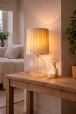 Boho Glass Table Lamp with Raffia Lampshade | Bedside Bedroom Bohemian Oval