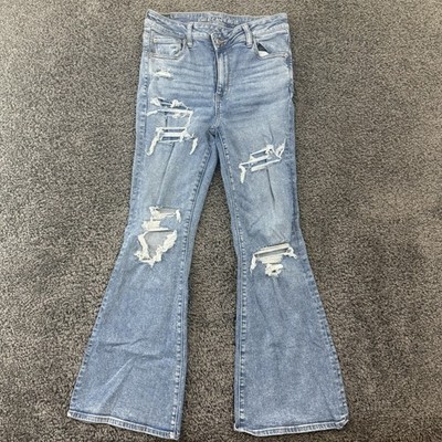 American Eagle Next Level Stretch Super High Rise Flare Size 10 Distressed Blue