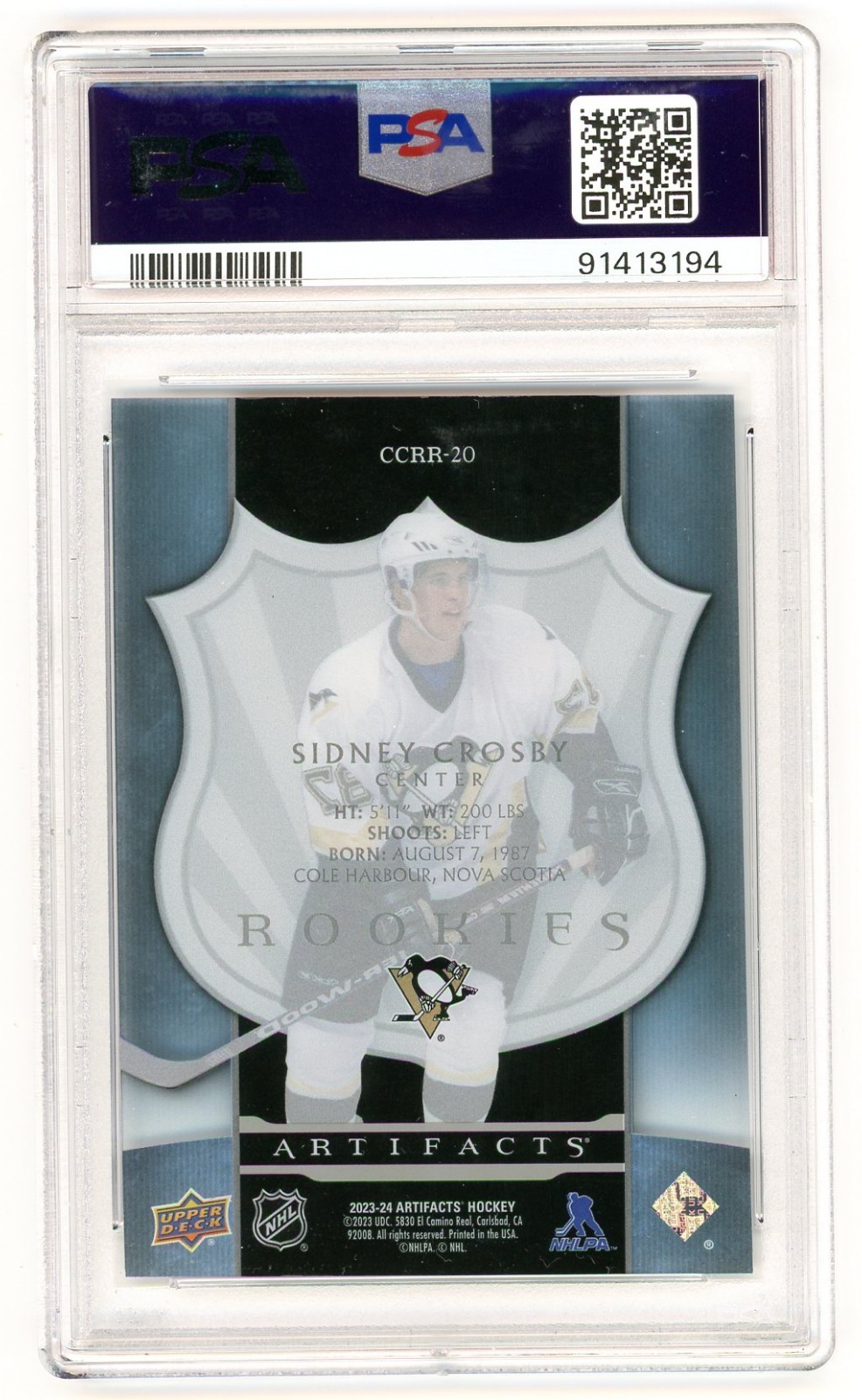 2023-24 Upper Deck Artifacts Hockey Sidney Crosby Clear Cut Retro Rookies PSA 10 view 2