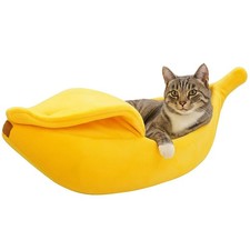 Banana Cat Bed for Cats  Small Dogs   Funny Yellow Plush Pet Cave, Comfy Ind...