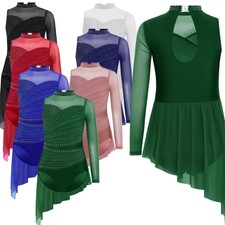 Girls Dancewear Skating Dance Dress Leotard Skirted High-Low One Piece Lyrical