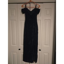 Vintage Jump Velvet Maxi Dress Off Shoulder Teal Blue Lace Trim Gown Size 3/4