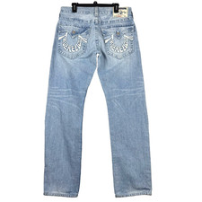 True Religion 34x33 Embroidered Spellout Pocket Flaps Straight Light Wash Jeans