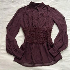 Moda international sheer silk Burgundy Y2K ruffle waist blouse long sleeves