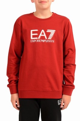 Emporio Armani EA7 Boys Red Long Sleeve Logo Print Crewneck Sweatshirt Shirt