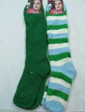 2 PK Slipper Fuzzy Knee High Socks Striped Womens 9-11 Green White Sky Blue B