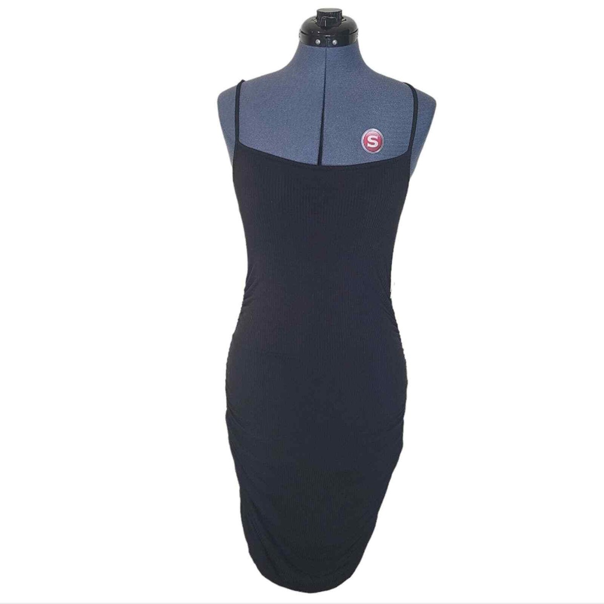 black spaghetti strap bodycon mini dress Black Spaghetti Strap Ruched Padded Cup Mini Dress – www.lexifashion.co.uk main image 1