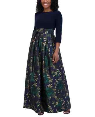 $199 Jessica Howard Petite Floral-Skirt Tie-Waist Evening Gown, Navy Multi, 10P