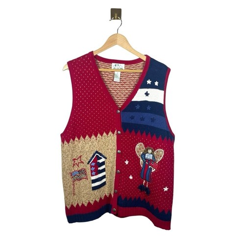 VINTAGE 1990s Quacker Factory Patriotic America Knit Eclectic Vest Size 1X - 第 1/10 張圖片