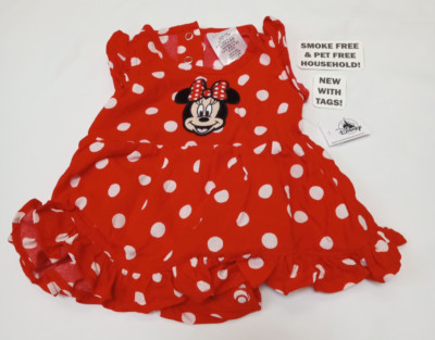 NEW Disney Baby Minnie Mouse Snap Bottom Dress Red White Polka Dot Sz 0-3 Months