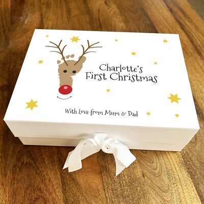 Babys 1. Weihnachten Hirsch mit Baby Fußabdruck personalisiert Weihnachtskorb Geschenkbox