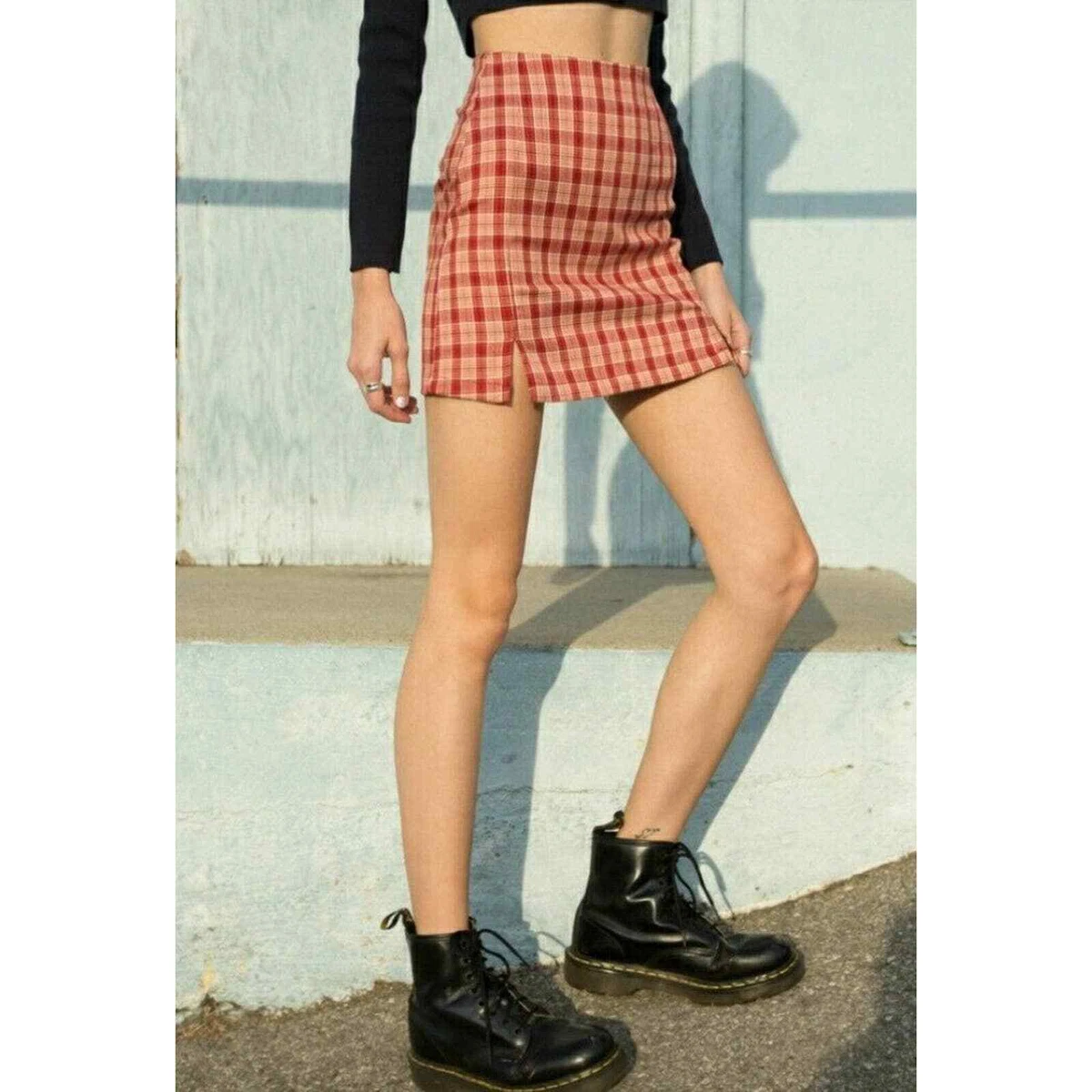 Brandy Melville John Galt Cara red plaid checkered mini skirt EUC