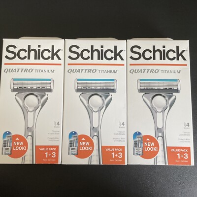 3x Schick Quattro Titanium 4 Blades Value Pack 1 Razor + 3 Cartridges Each New
