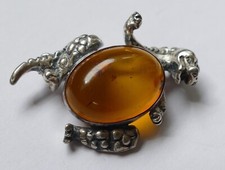 Brosche Dinosaurier Bernstein Cabochon 925 Silber Vintage 80er brooch silver