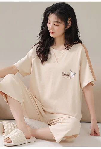 Women Capri Pajama Set 100% Cotton Short Sleeve Top+Pants Sleepwear Homewear - Bild 21 von 21