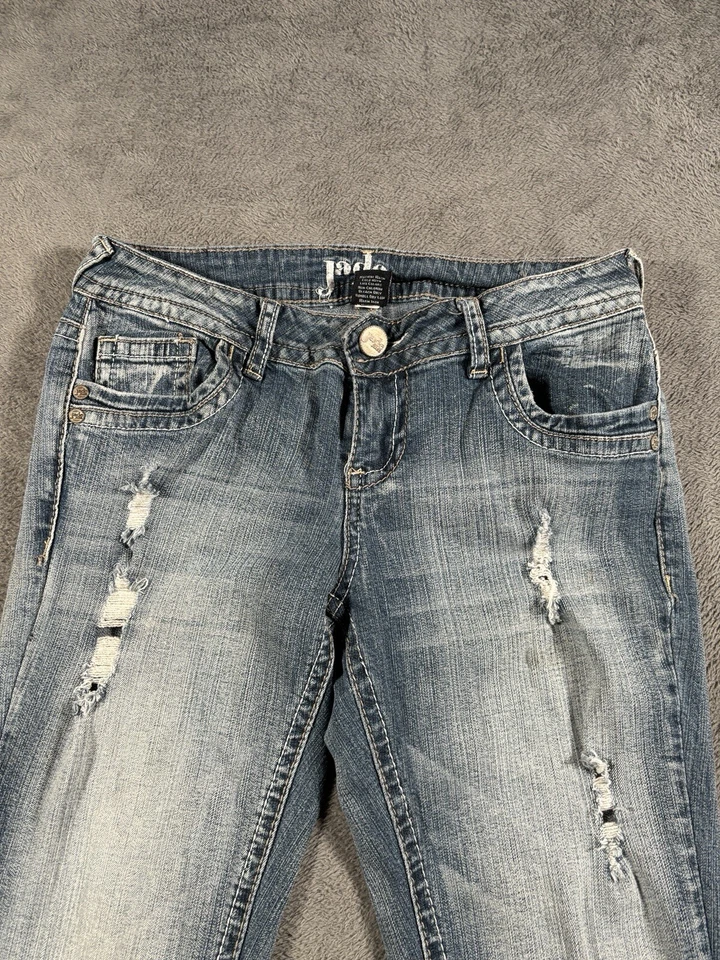 Pantalones de mezclilla Jade para mujer 5/6 azules ajustados rectos desgastados tiro bajo solapa bolsillo 27x31 Foto 4 de 4