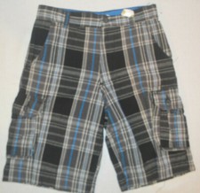 Boy's Faded Glory Black  Gray Plaid Adjustable Waist Cargo Shorts Sizes 12, 16
