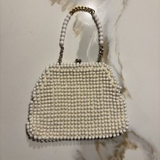 1950s 1960s White Beaded Purse With Gold Tone Chain Japan Mod Holiday Prom