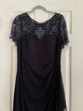 Xscape Navy Beaded Layered Mesh Floral Gown Cape Sleeve Round Neck Zip Size 16