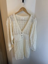 Mable Cream Open Knit V Neck Button Front Sweater Dress M/L Balloon Sleeve