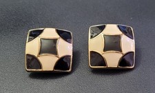 Vintage Black White Checkered Enamel Gold Toned Clip On Earrings