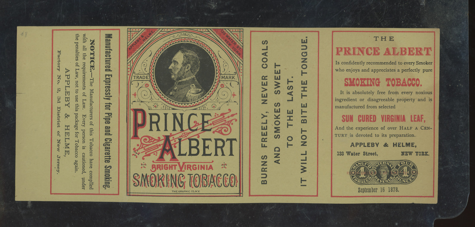 1878 Prince Albert Tobacco Label Appleby & Helme- Previous Auction @  $225.00