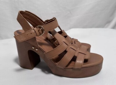 Lucky Brand Sandals Block Heels 7.5M Platform Ankle Strap Shoes Leather Brown